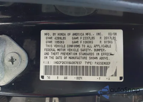 2008 Honda Accord 2.4 Lx from USA, damaged, VIN 1HGCP26318A087937